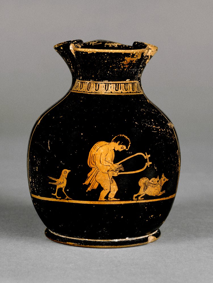 Chous, Boy with an instrument, a bird and a Melitan dog, Fikellura Cemetery (in Greece) ca. 420BC-400BC (Source)