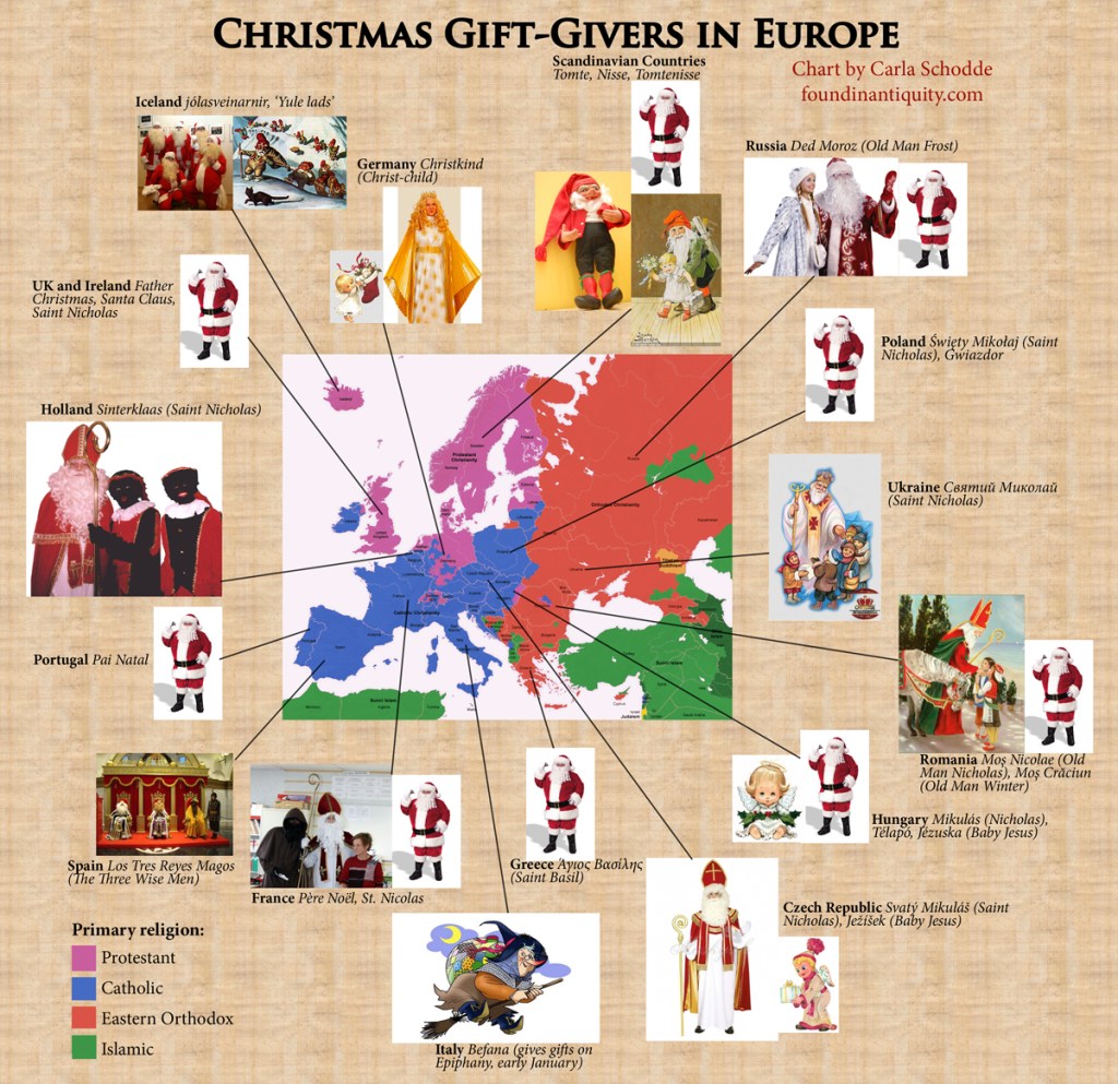 Christmas gift-givers in various European countries.