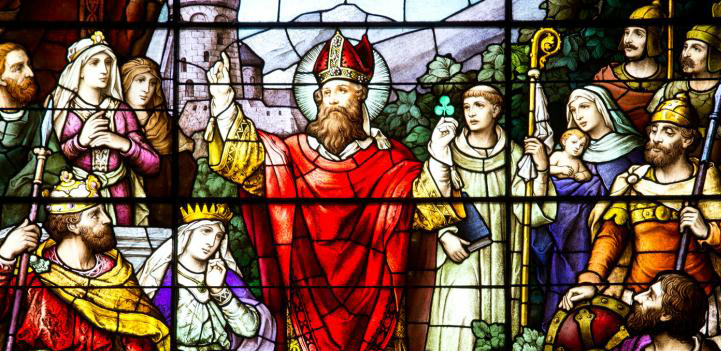 Saint Patrick on a stained glass window in Saint Patrick Church, PA (Source)