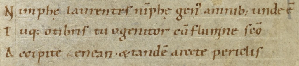 Nimphae, Laurentes nimphae, genus amnibus unde est, Tuque, o Tibris tuo genitor cum flumine sancto, accipite Aenean et tandem arcete periclis. Nypmhs, Laurentine nymphs, [whose] birth is from the rivers, And you, o father Tiber with your sacred river, Receive Aeneas and save him at last from perils. (8.71-4)