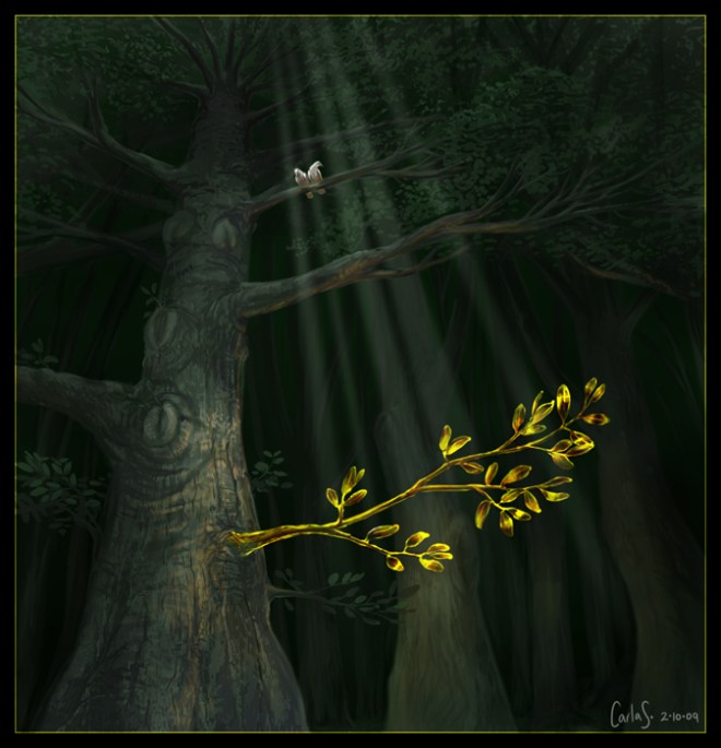 The golden bough, ticket to the underworld in Aeneid VI. I painted this in my Year 12 - check it out at my deviantArt gallery